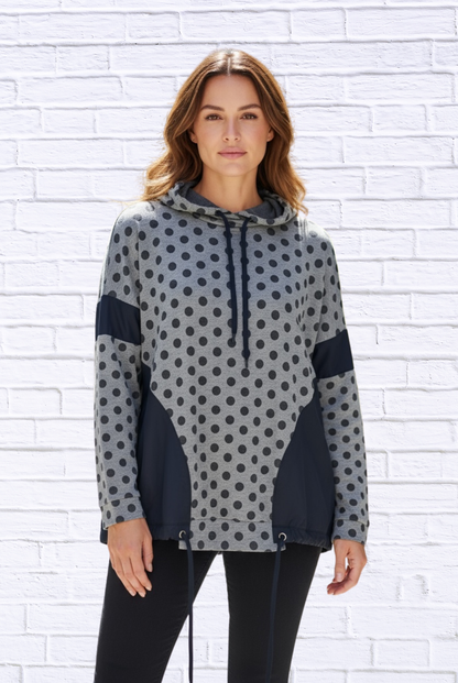 Polka Dot Contrast Panel Hoodie – Casual Drawstring Long Sleeve Sweatshirt