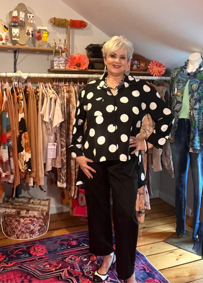 Polka Dot Perfection: Collared Button-Through Blouse with High-Low Hem