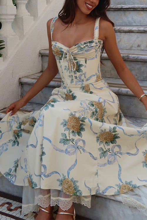 Robe camisole mi-longue à imprimé floral avec cordon de serrage et bordure en dentelle