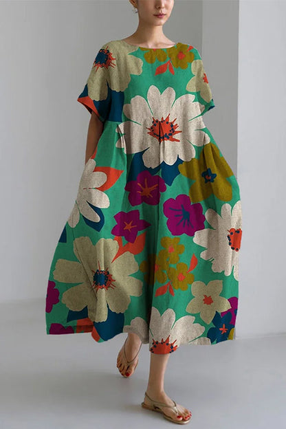 Printed Short Sleeves Pocketed A-line Midi Dress Green