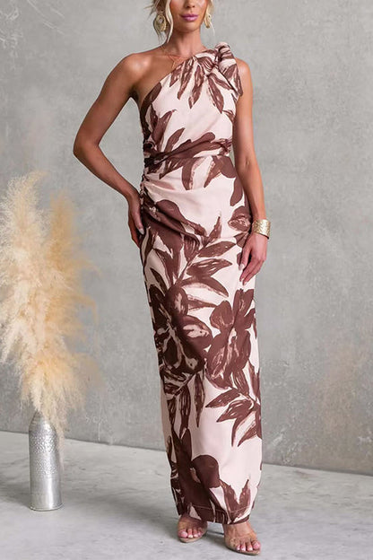 Tie Knot One Shoulder Sleeveless Floral Print Maxi Dress