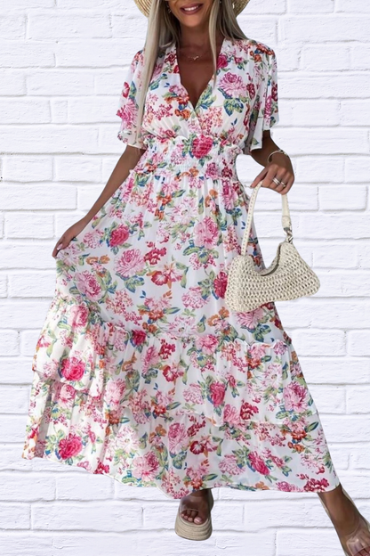 Floral Print Flutter Sleeve Maxi Dress