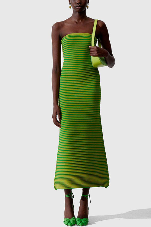 Strapless Tube Striped Knit Maxi Bodycon Dress Green