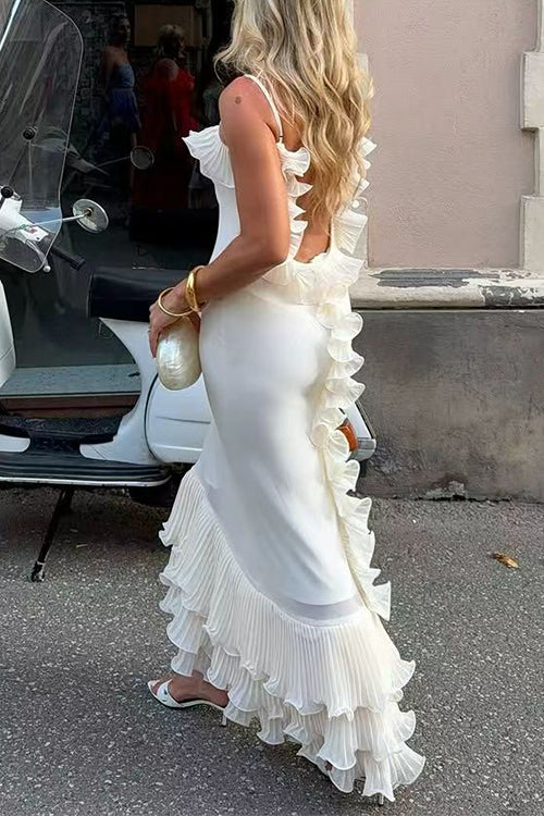 Spaghetti Strap Open Back Ruffle Trim Maxi Dress