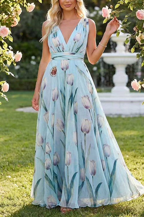 Deep V Neck Sleeveless Floral Print Swing Maxi Dress
