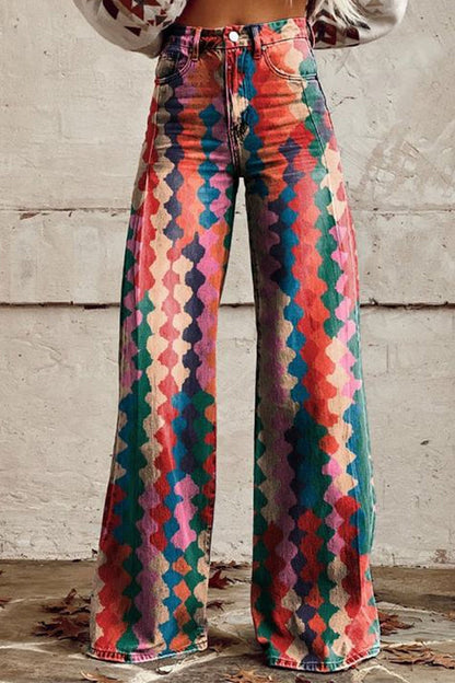 High Rise Color Block Printed Wide Leg Pants Orange
