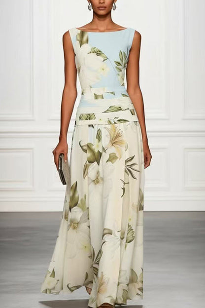 Boat Neck Sleeveless Floral Print Flowy Maxi Dress