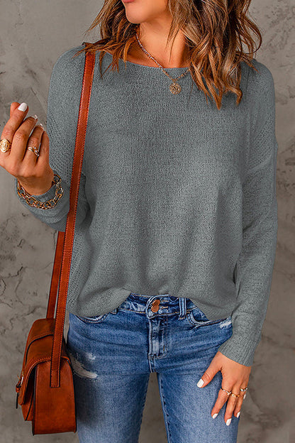 Rosiedress Drop Shoulder Long Sleeves Solid Knitting Sweater Gray