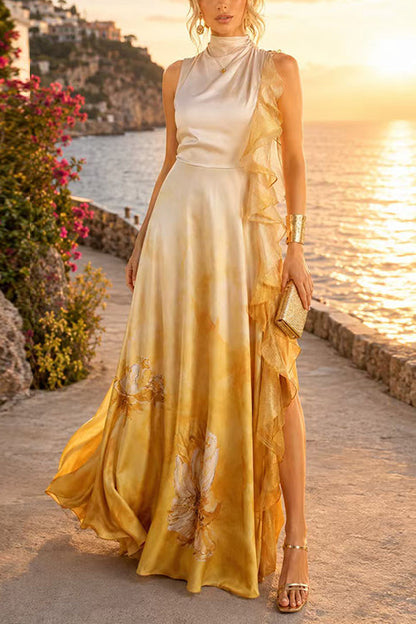 Mockneck Sleeveless Floral Print Ruffle Slit Maxi Dress