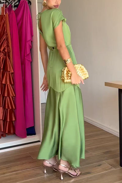 Crewneck Short Sleeves Back Cut Out Satin Maxi Dress