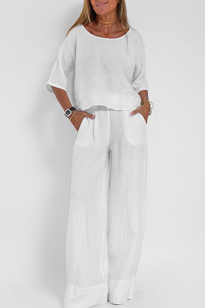 Round Neck 3/4 Sleeves Pullovers Wide Leg Pants Cotton Linen Set White