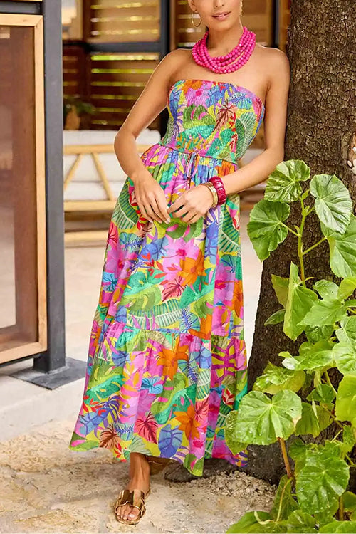 Strapless High Waist Floral Print Ruffle Maxi Dress