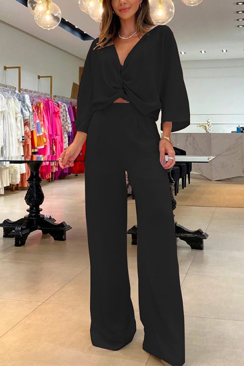 V Neck Twist Front Pullover Wide Leg Pants 2 Pieces Outfits Black