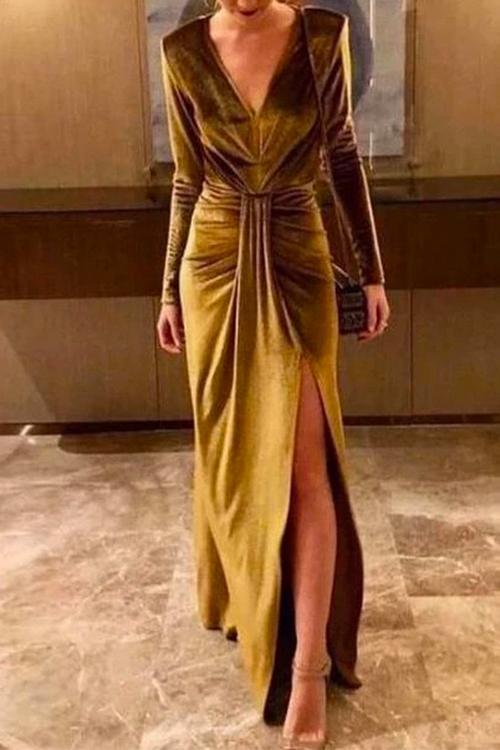 Rosiedress Deep V Neck Slit Ruched Velvet Party Dress(5 Colors Available) Gold