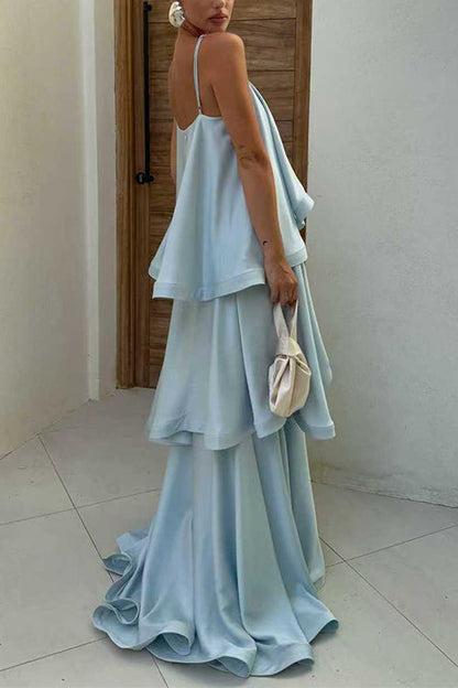 Spaghetti Strap Ruffle Layered Satin Maxi Dress