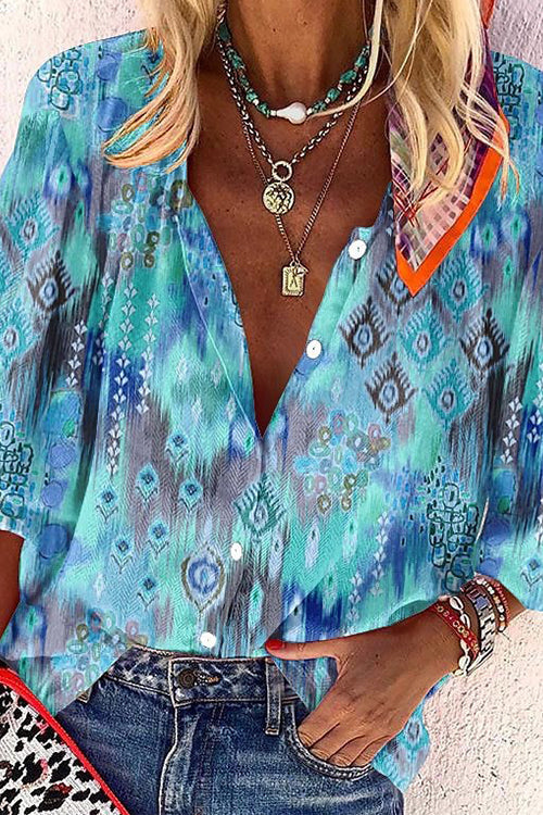 V Neck Long Sleeves Printed Casual Blouse Shirt LightBlue