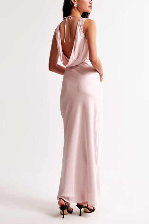 V Neck Plunge Cowl Back Sleeveless Maxi Party Dress