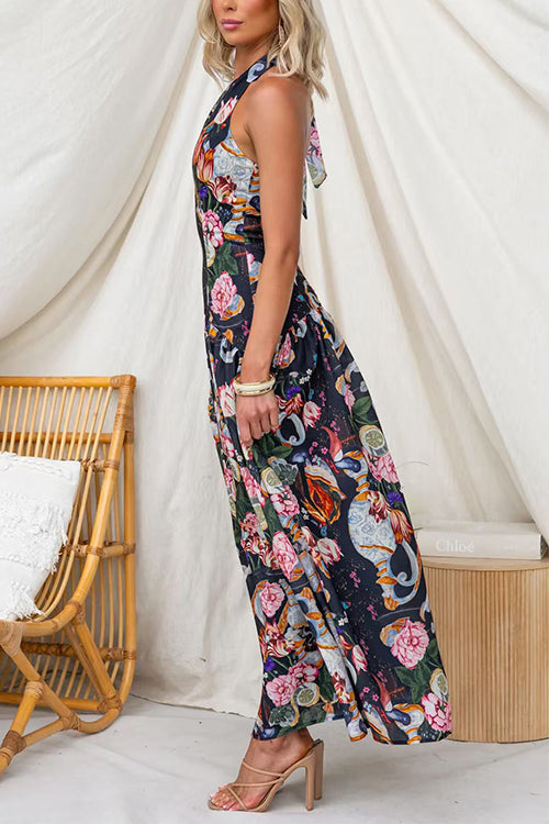Halter Neck Floral Print Swing Maxi Dress