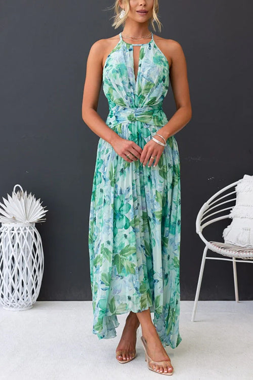 Rosiedress V Neck Waisted Cut Out Floral Pleated Maxi Dress