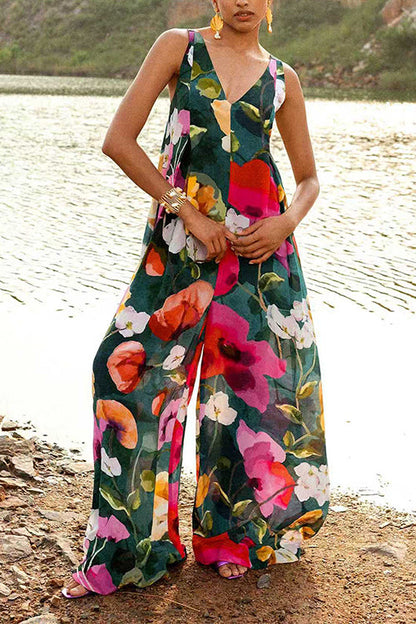 V Neck Sleeveless Floral Print Wide Leg Jumpsuit
