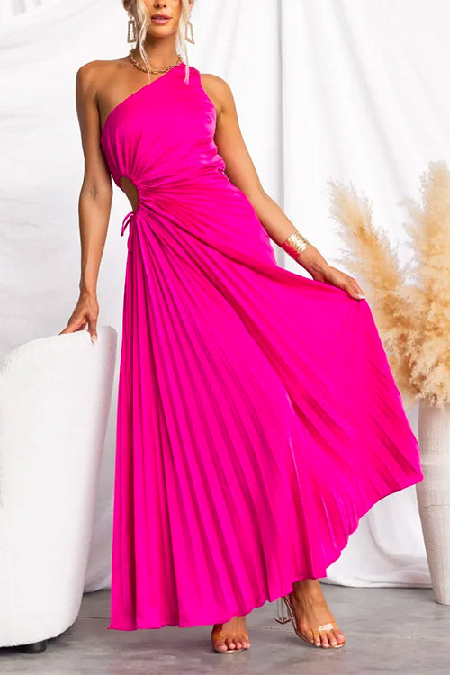 Rosiedress One Shoulder Drawstring Cut Out Pleated Swing Maxi Dress