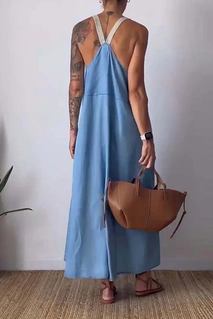 Rosiedress Color Block Casual Cotton Linen Maxi Beach Dress