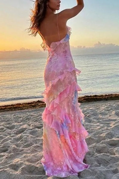 Rosiedress Spaghetti Strap Backless Ruffle Trim Printed Maxi Dress