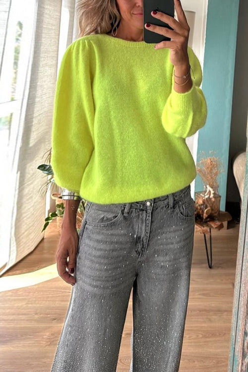 Round Neck Puff Sleeves Fluorescent Sweater(2 Colors!)