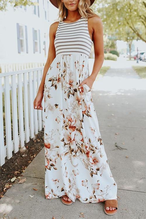 Rosiedress Sleeveless Stripes Splice Floral Maxi Dress Floral