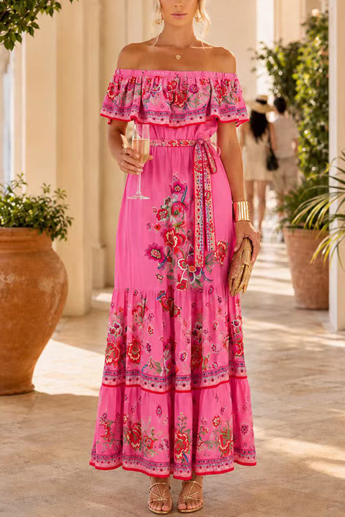 Off Shoulder Floral Print Ruffle Tiered Maxi Dress