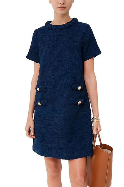 Rosiedress Elegant Crewneck Short Sleeves Buttons Tweed Dress DarkBlue