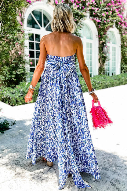 Strapless Back Bow Printed Swing Maxi Dress Blue