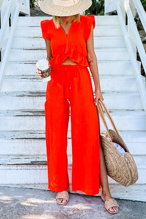 V Neck Ruffle Crop Top and Slit Wide Leg Pants Set Orange