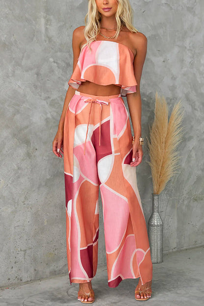 Strapless Ruffle Crop Top Drawstring Waist Wide Leg Pants Printed Set Pink