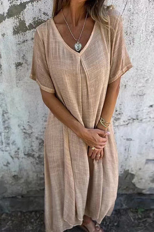 V Neck Loose Fit Cotton Linen Midi Dress Apricot