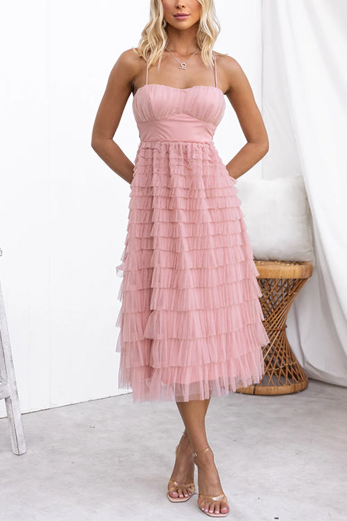 Spaghetti Strap Tulle Ruffle Layered Mesh Midi Dress Pink