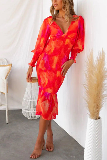 Rosiedress V Neck Long Sleeves Smocked Ruffle Printed Midi Bodycon Dress