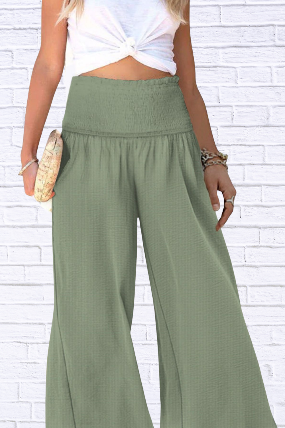 Wide-Leg Smocked Waist Pants