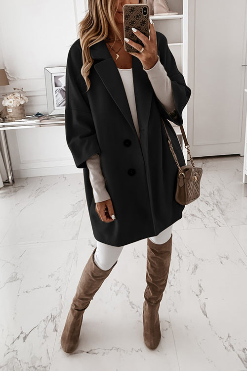 Rosiedress Lapel 3/4 Sleeve Pockets Midi Coat Black