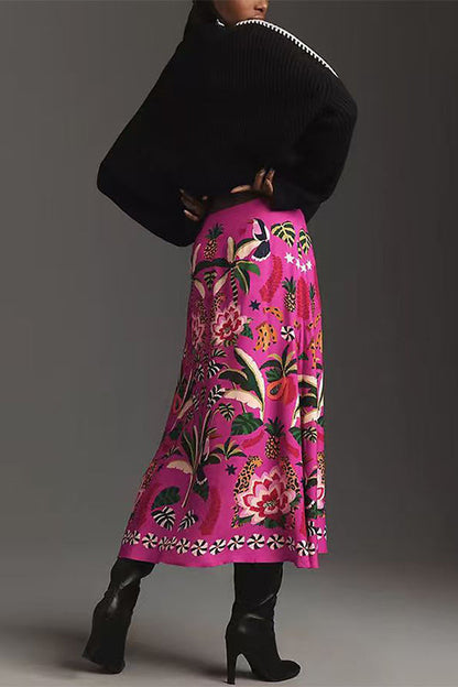 High Rise Tropic Print Midi Skirt