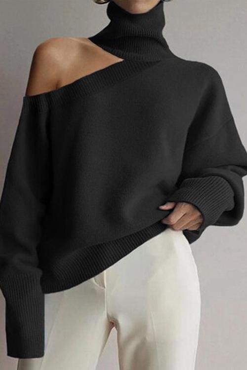 Rosiedress Turtleneck Cold Shoulder Solid Loose Sweater Black