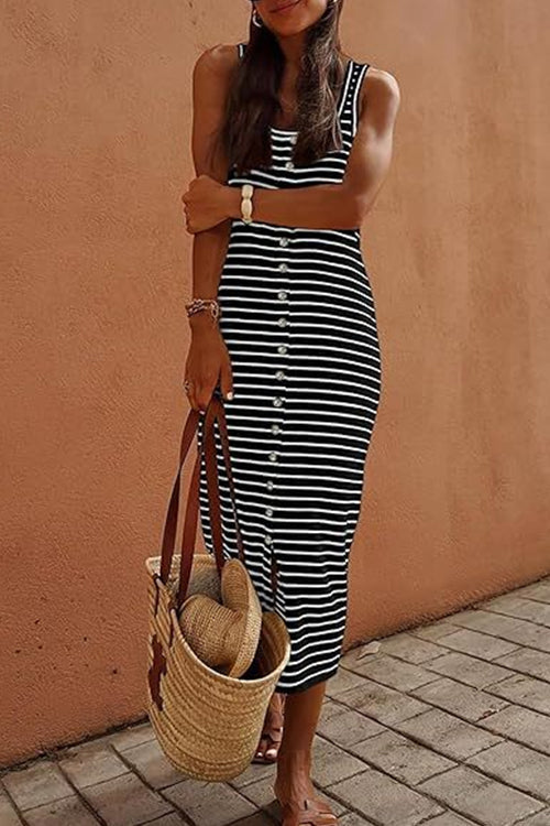 U Neck Button Down Striped Midi Tank Dress Black