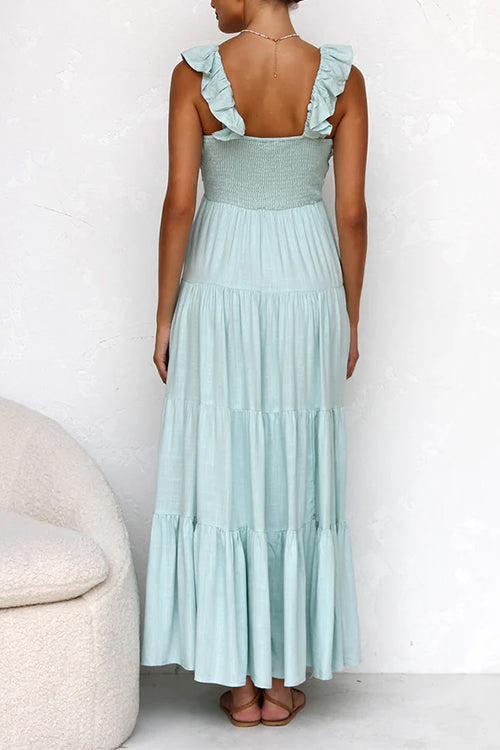 Rosiedress V Neck Ruffle Trim Tiered Sleeveless Linen Maxi Dress