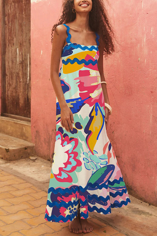 High Waist Ric Rac Printed Maxi Cami Dress Red