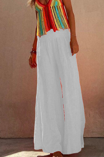 Rosiedress Smocked Elastic Waist Baggy Wide Leg Cotton Linen Pants White