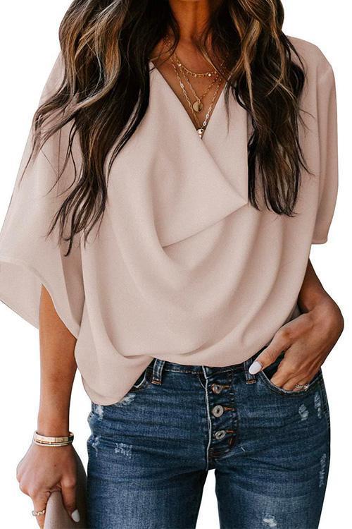 Cowl Neck Short Sleeve Drape Chiffon Shirt Apricot