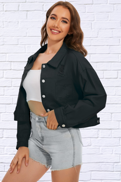 Distressed Distressed Button Up Denim Jacket