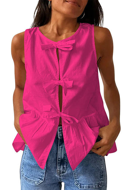 Bow Front Sleeveless Cotton Linen Ruffle Top(in 6 Colors)