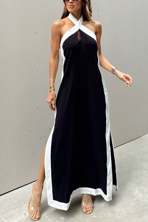 Halter Backless Side Split Color Block Cotton Linen Maxi Dress Black