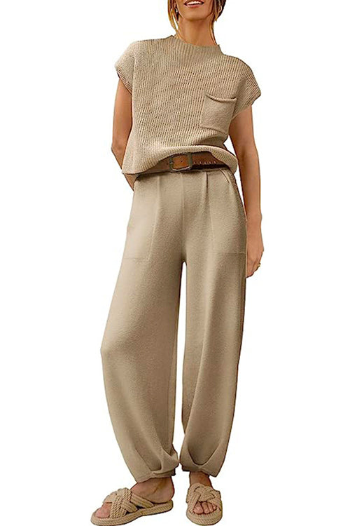 Short Sleeves Ribbed Knit Pullover Ruched Harem Pants Set Khaki